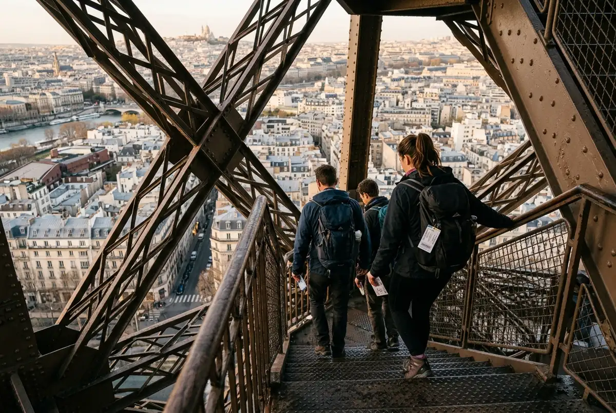 Small group of climbers on the iron staircase of the Eiffel Tower with the Paris rooftops visible through the ironwork, Eiffel Tower stairs tickets
