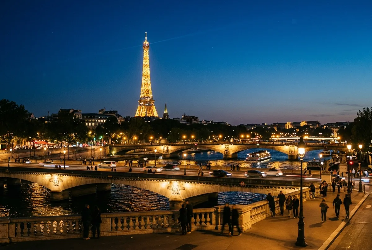 Eiffel Tower at night in Paris glowing gold against a deep blue sky with the Seine and bridge lights in the foreground