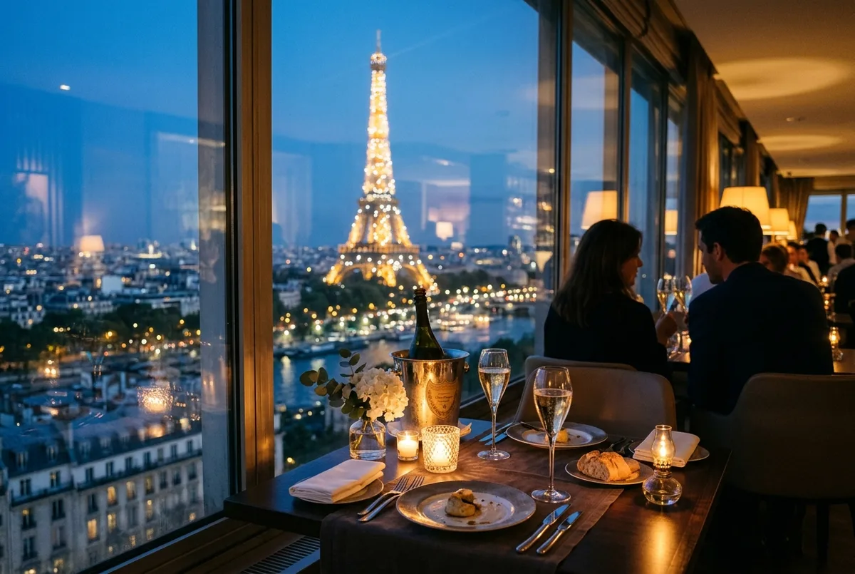 Mesa con copas de champán junto a una ventana del primer piso de la Torre Eiffel con París iluminada al anochecer, cena en la torre eiffel