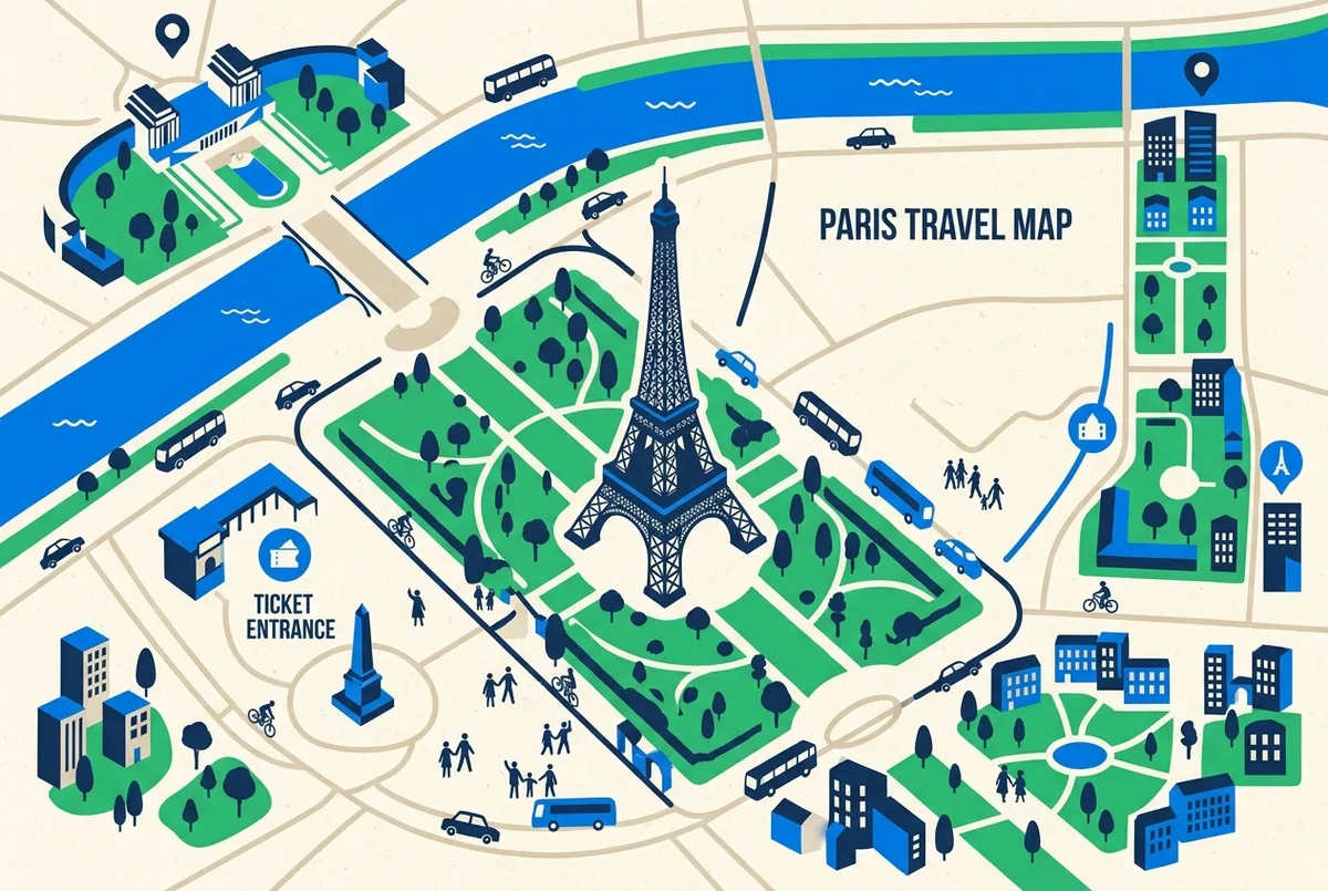 Map style infographic of the Champ de Mars around the Eiffel Tower with generic labels: Champ de Mars, Eiffel Tower, Seine, Trocadero, Ticket Entrance
