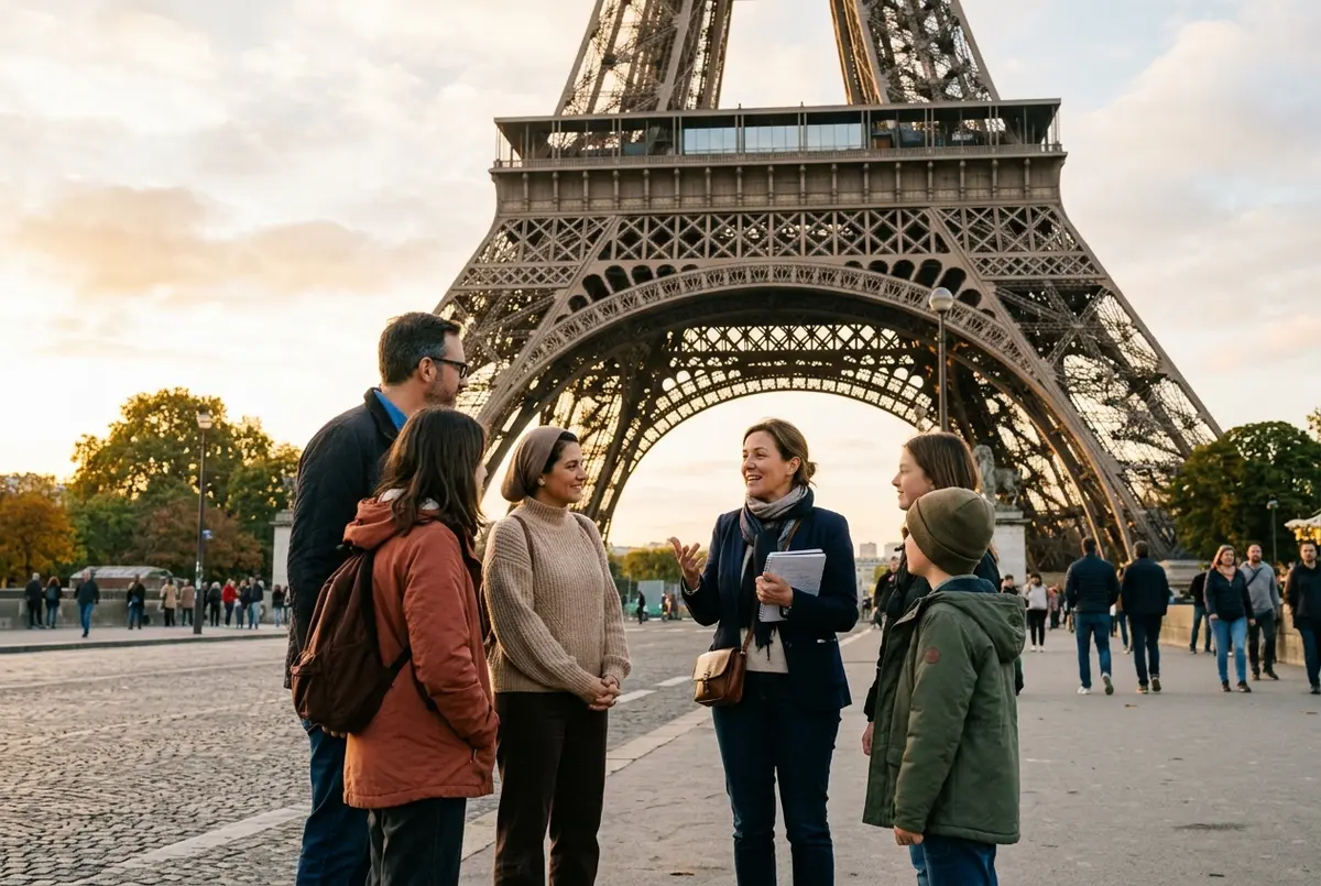 Guia privado a mostrar a Torre Eiffel a uma família de quatro pessoas no Champ de Mars ao fim da manhã, visita privada torre eiffel