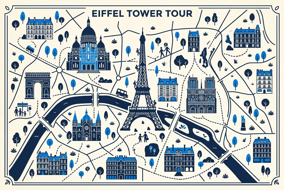 illustrated map of Paris highlights for Visita Privada à Torre Eiffel (Eiffel Tower): Compensa o Custo Extra?, visita privada torre eiffel