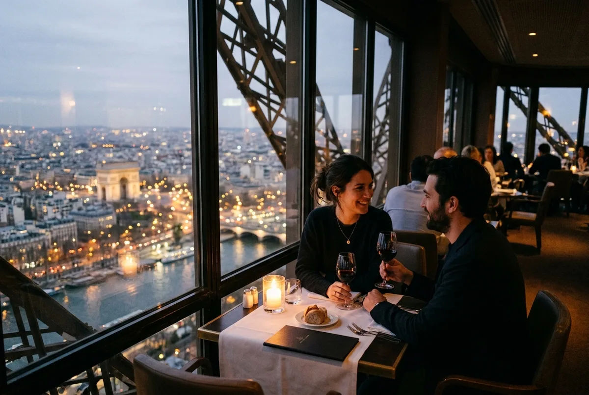 couple at a window table in a restaurant inside the Eiffel Tower at dusk with the lights of Paris below, restaurants in Eiffel Tower