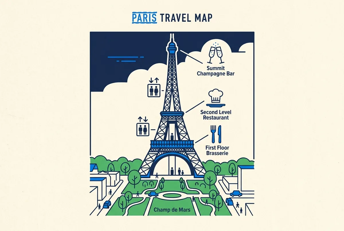 Layout diagram of Eiffel Tower dining with generic labels: First Floor Brasserie, Second Level Restaurant, Summit Champagne Bar, Lift, Champ de Mars