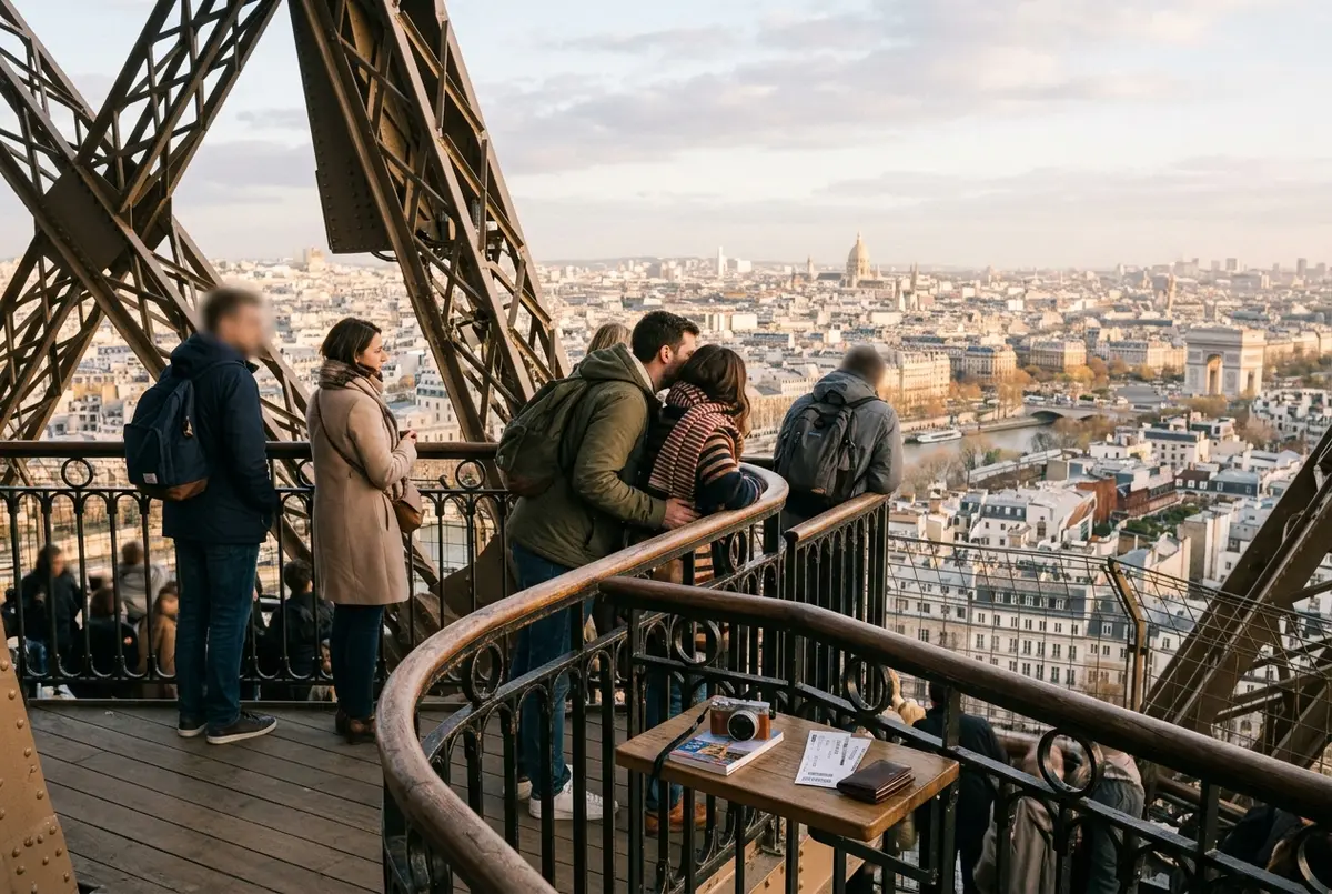 Visitatori sulla terrazza del secondo piano della Torre Eiffel che guardano i tetti di Parigi e la Senna, biglietti Torre Eiffel secondo piano, luce del pomeriggio