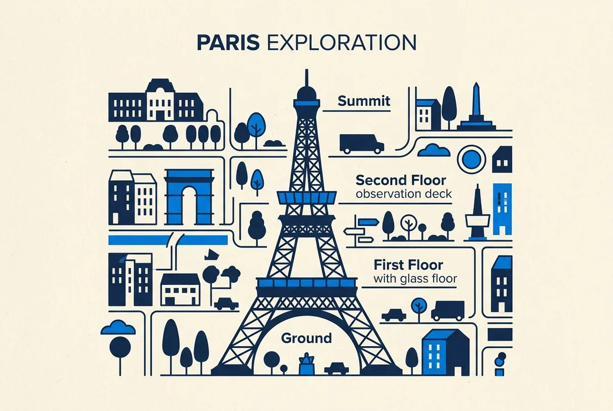 Infografica a livelli della Torre Eiffel con primo piano, secondo piano e cima, altezze relative e ascensori, biglietti secondo piano torre eiffel, etichette generiche
