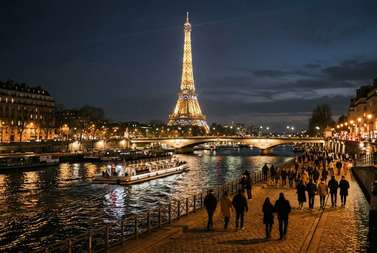 Torre Eiffel iluminada en dorado al anochecer con el centelleo de las luces vista desde el Trocadéro, a que hora se enciende la torre eiffel