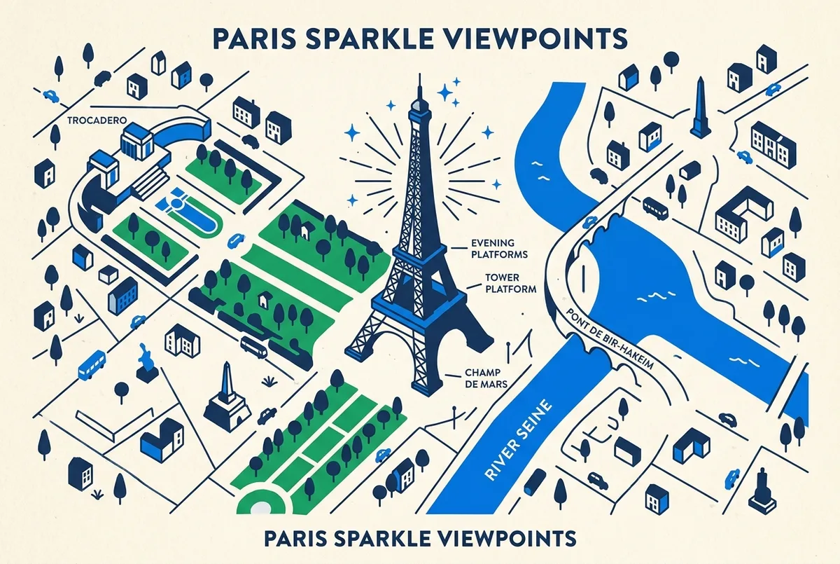 Mapa esquemático de puntos para ver la Torre Eiffel iluminada: Trocadéro, puente de Bir-Hakeim, Campo de Marte y el Sena