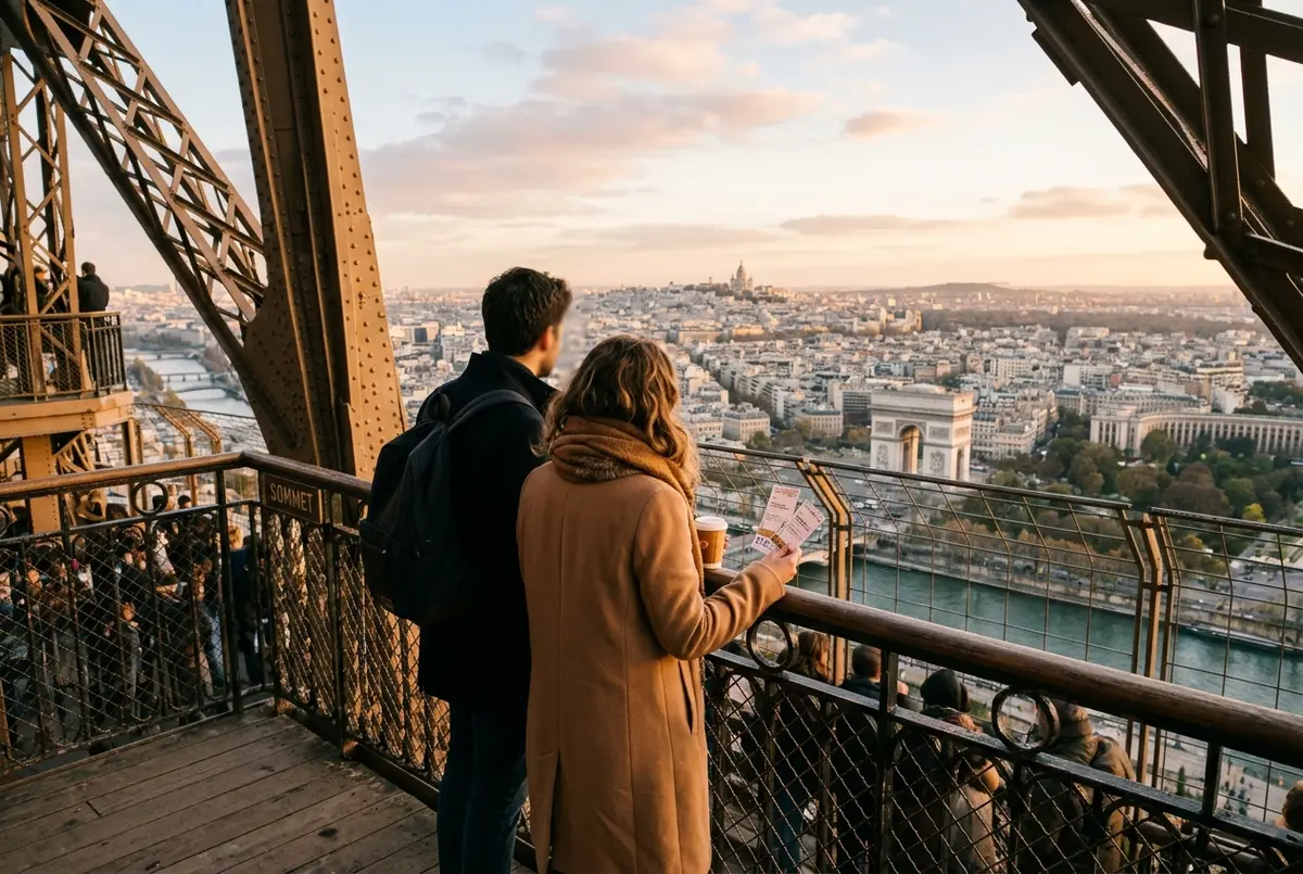 Par der står på Eiffeltårnets øverste platform og kigger ud over Paris' tage ved solnedgang, eiffeltårnet billetter til toppen