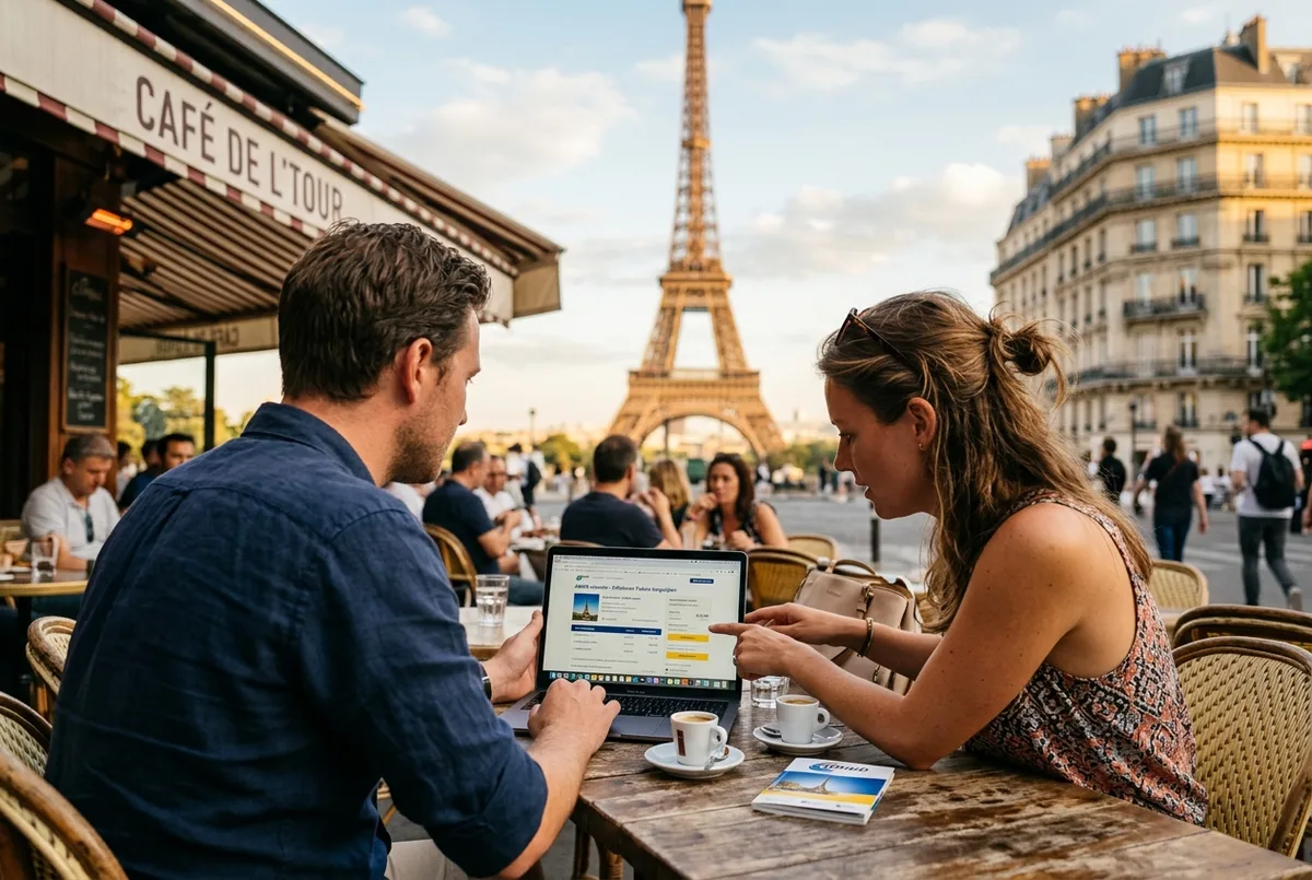 Eiffeltoren tickets ANWB en alternatieven: Nederlands stel vergelijkt op een laptop tickets voor de Eiffeltoren aan een terrastafel in Parijs
