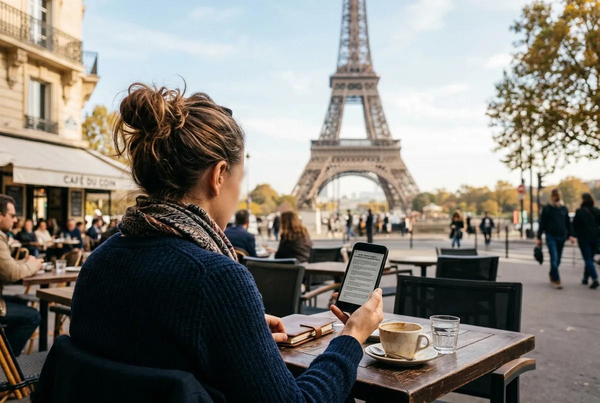 Viajante a ler as condições de cancelamento de um bilhete no telemóvel num café de Paris com a Torre Eiffel ao fundo, cancelamento bilhetes torre eiffel