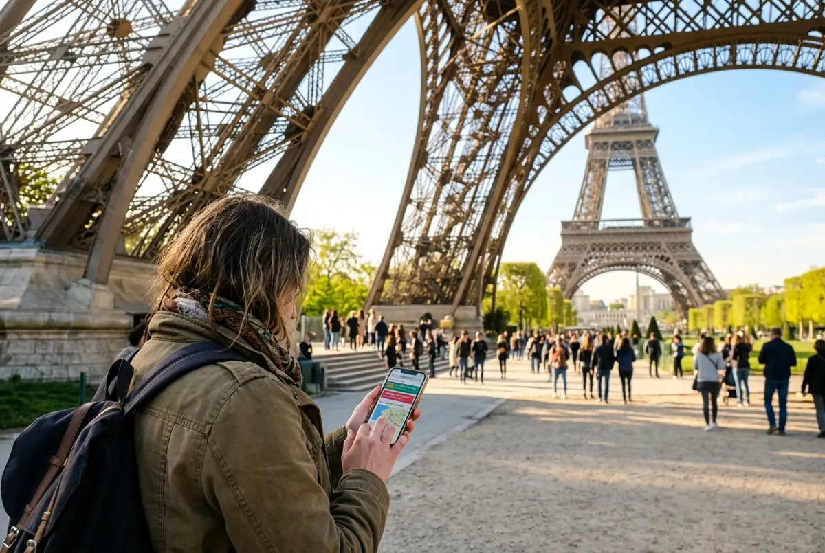 Visitantes esperando de pie junto a la taquilla de la Torre Eiffel a media mañana, con la base de la torre y la fila de personas al fondo