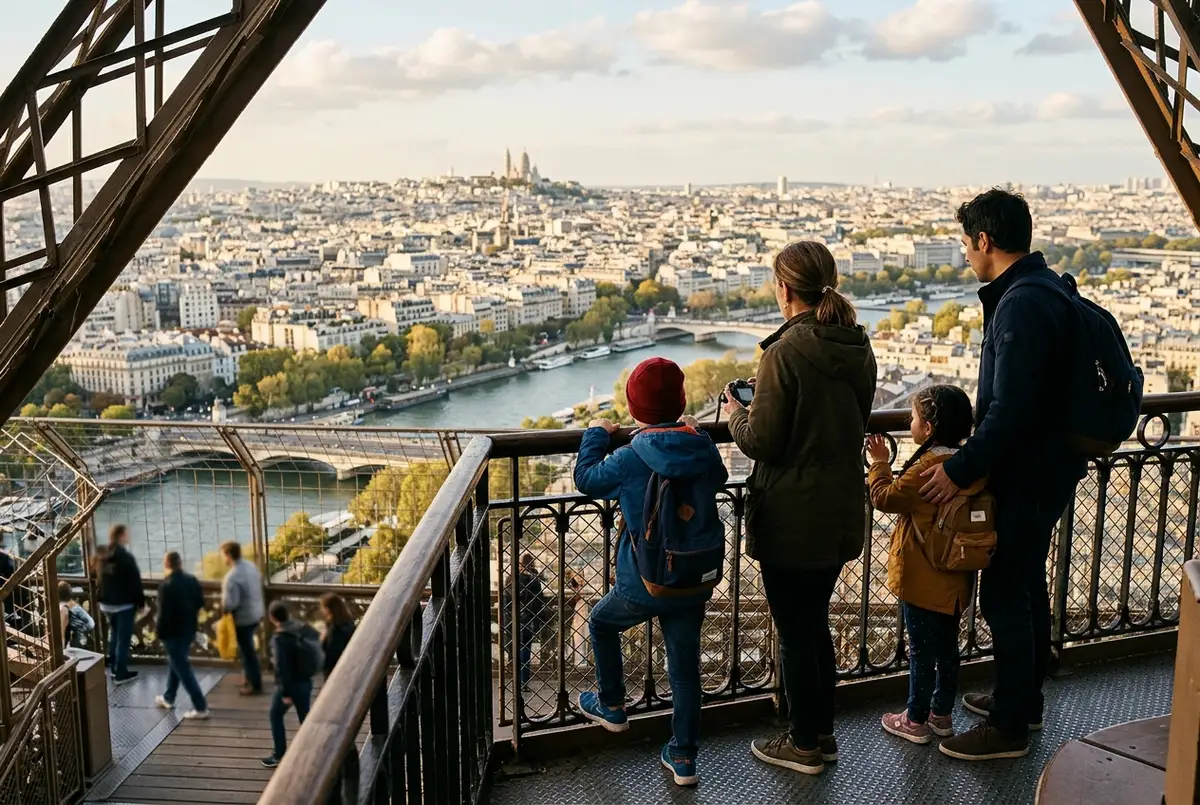 parents and two young children looking out from the Eiffel Tower second floor deck over Paris, eiffel tower with kids