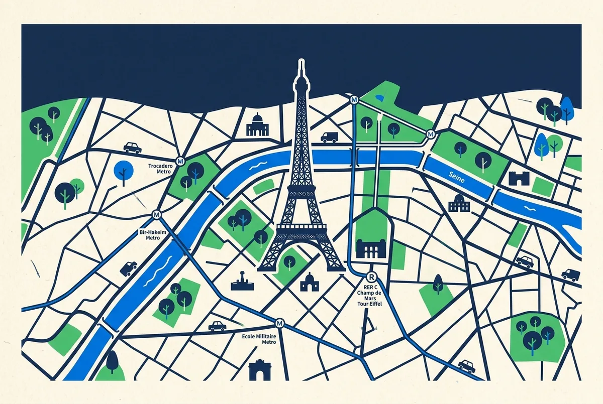 Simple route map with generic labels: Bir-Hakeim Metro, Trocadero Metro, Ecole Militaire Metro, RER C Champ de Mars Tour Eiffel and the Eiffel Tower