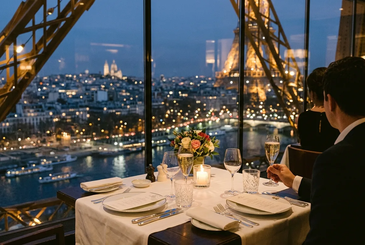 Comedor de Madame Brasserie en el primer piso de la Torre Eiffel con mesas preparadas y ventanales sobre París al atardecer, madame brasserie torre eiffel