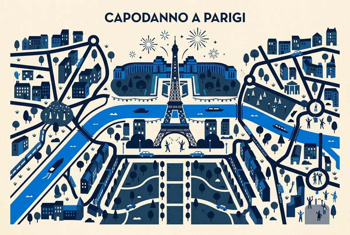 Mappa illustrata con la Torre Eiffel, il Trocadero e il Champ de Mars per pianificare una serata di Capodanno, capodanno a parigi torre eiffel