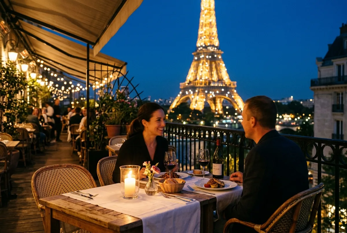 couple at a candlelit restaurant table on a Paris terrace with the illuminated Eiffel Tower framed in the background at dusk