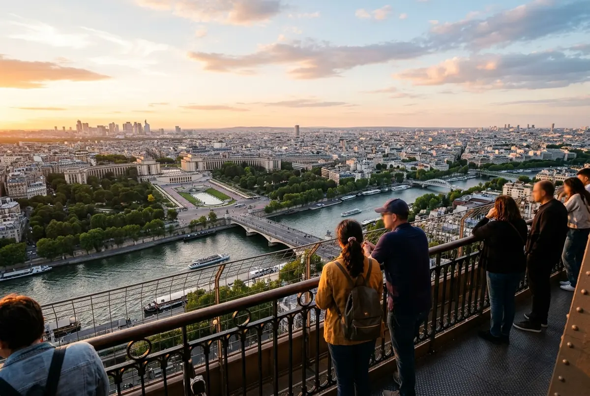 Panorama de París desde el mirador del segundo piso de la Torre Eiffel al atardecer con bulevares y tejados, vistas desde la torre eiffel
