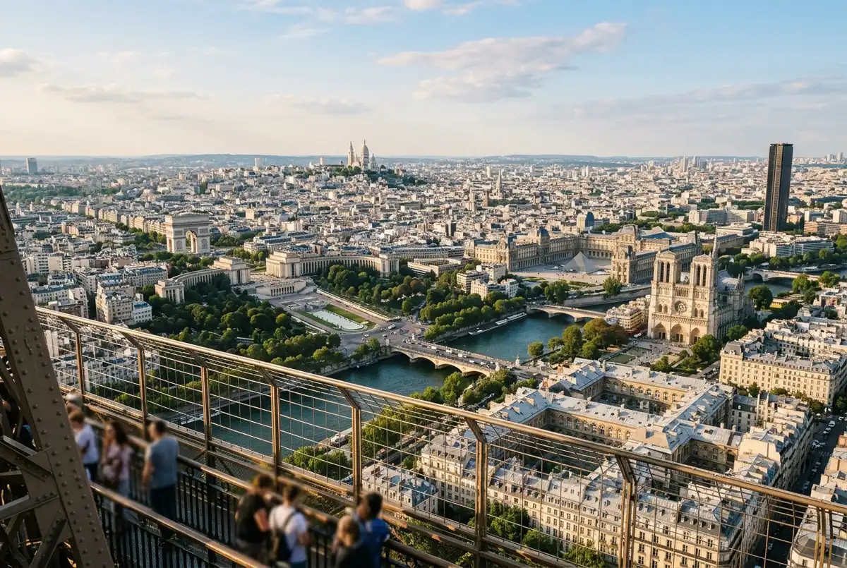 Infografía de las vistas de París desde los tres niveles de la Torre Eiffel con Arco del Triunfo, Sacré-Cœur, Notre-Dame y Montparnasse marcados, vistas cima torre eiffel