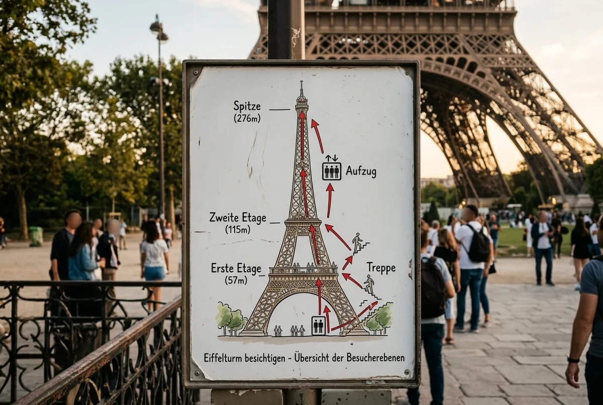 Infografía de la línea de tiempo de una visita a la Torre Eiffel: seguridad, ascensor, segundo piso, cima y suelo de cristal del primer piso